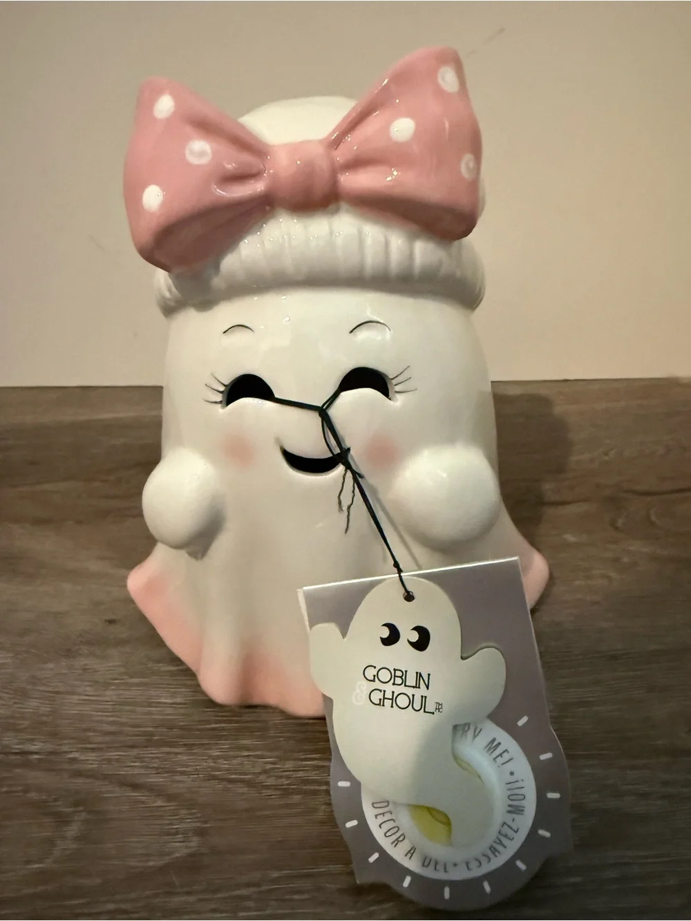 Absolutely Adorable Goblin & Ghoul Light-up Pink Bow Ceramic Ghost- NWT